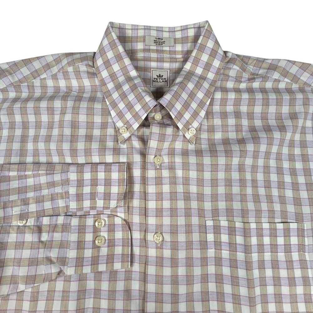 Peter Millar Button Down Dress Shirt Mens L Plaid Check Long Sleeve Cotton